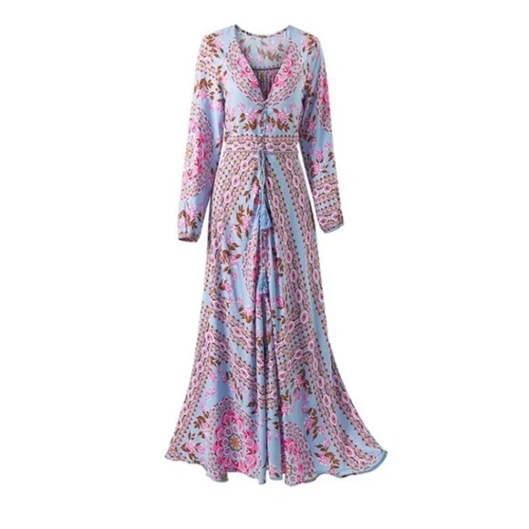 SOLD OUT Blue Floral Bohemian Long Button Up Maxi Dress - Picture 5 of 6